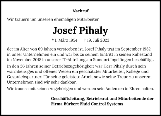 Traueranzeige von Josef Pihaly von GESAMT