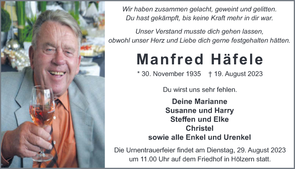  Traueranzeige für Manfred Häfele vom 26.08.2023 aus GESAMT