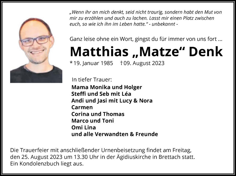  Traueranzeige für Matthias Denk vom 19.08.2023 aus GESAMT