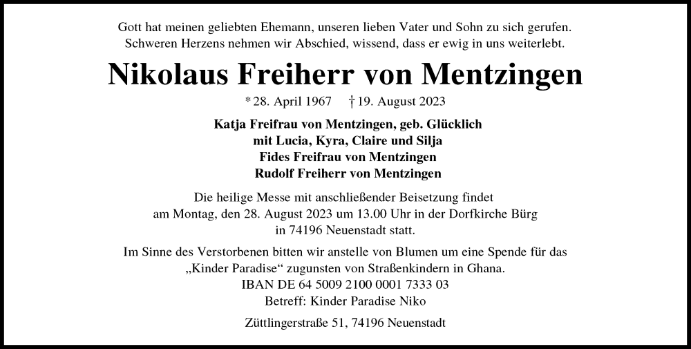  Traueranzeige für Nikolaus Freiherr von Mentzingen vom 26.08.2023 aus GESAMT