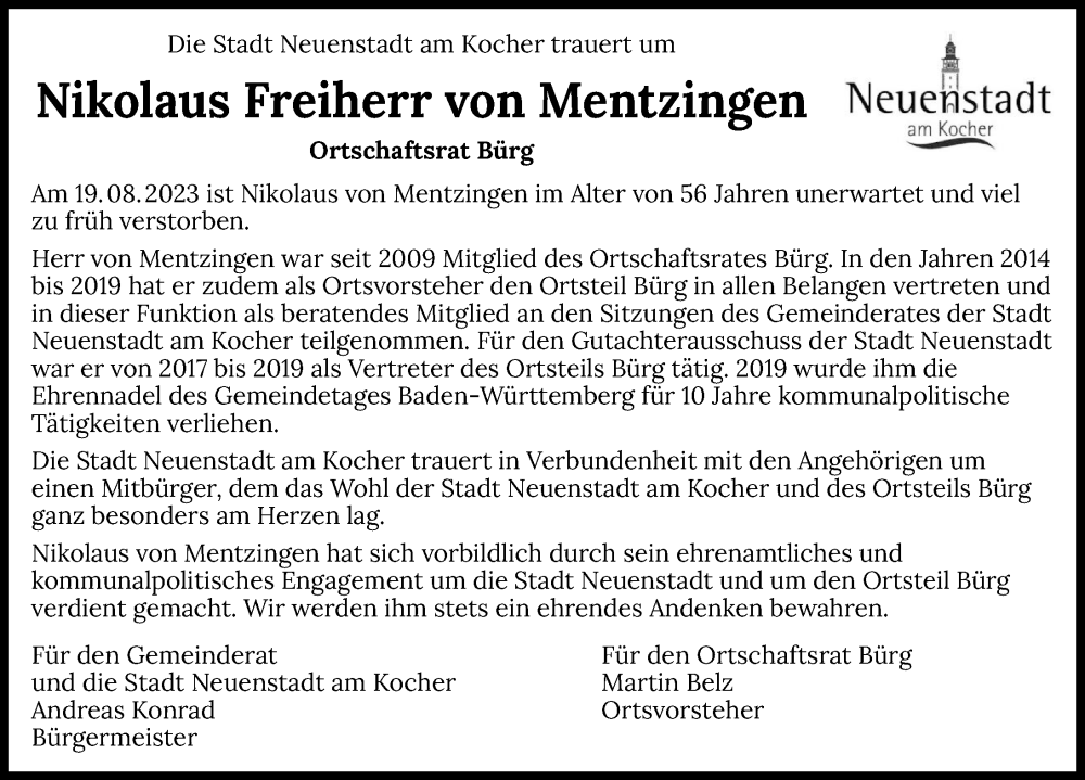  Traueranzeige für Nikolaus Freiherr von Mentzingen vom 26.08.2023 aus GESAMT