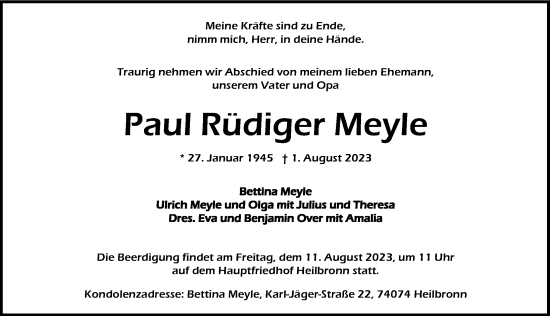 Traueranzeige von Paul Rüdiger Meyle