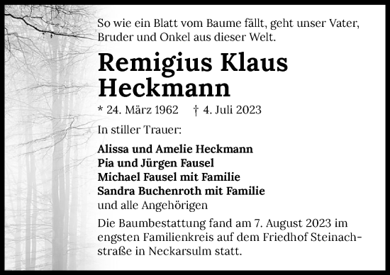 Traueranzeige von Remigius Klaus Heckmann von GESAMT