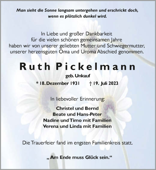 Traueranzeige von Ruth Pickelmann von GESAMT