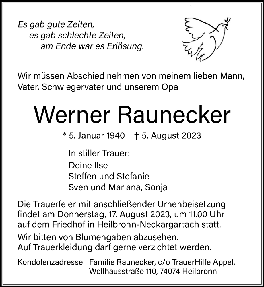  Traueranzeige für Werner Raunecker vom 12.08.2023 aus GESAMT