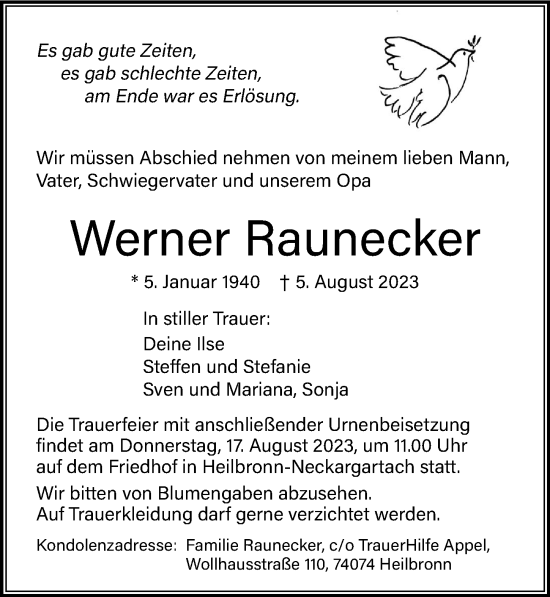 Traueranzeige von Werner Raunecker
