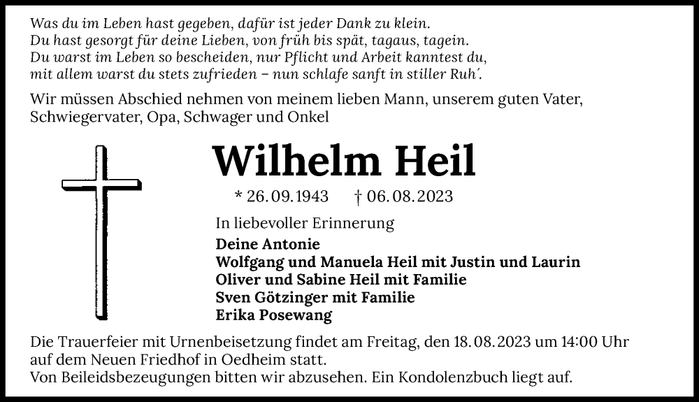  Traueranzeige für Wilhelm Heil vom 15.08.2023 aus GESAMT