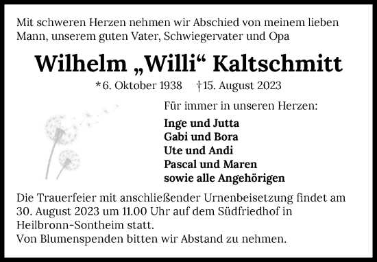 Traueranzeige von Wilhelm Kaltschmitt von GESAMT