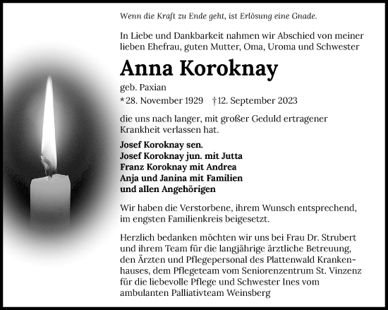 Traueranzeige von Anna Koroknay von GESAMT