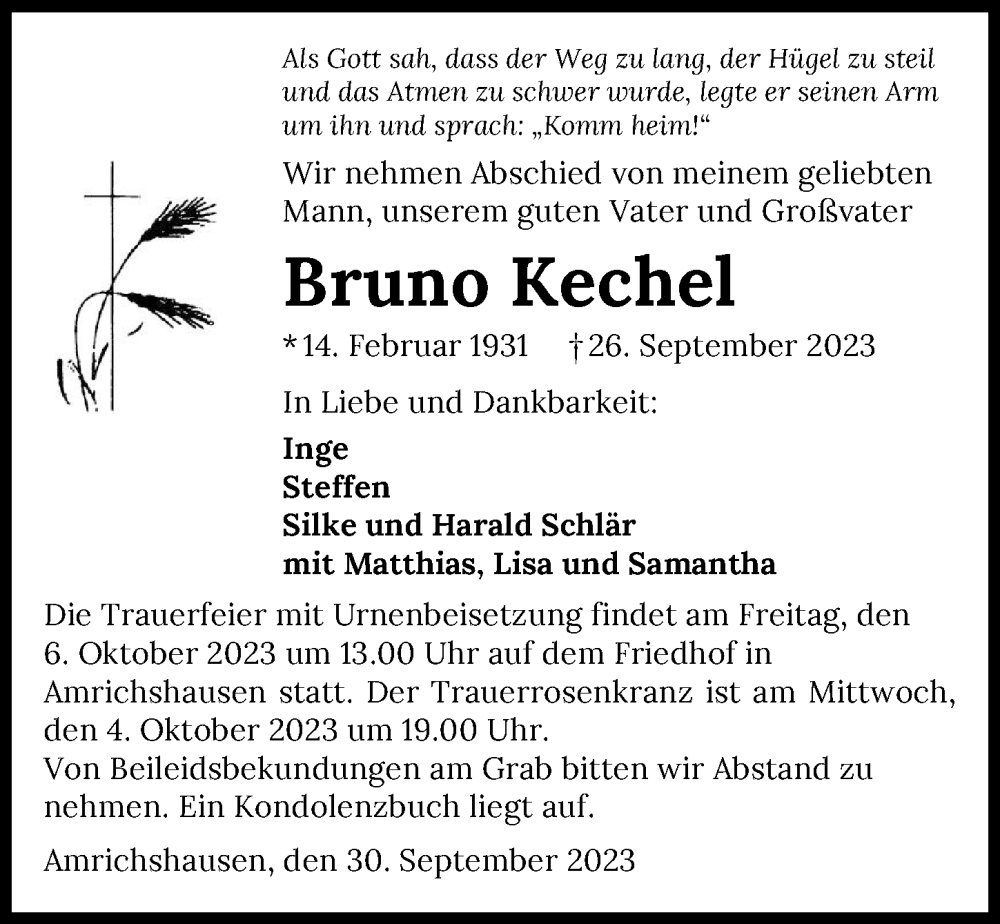  Traueranzeige für Bruno Kechel vom 30.09.2023 aus GESAMT