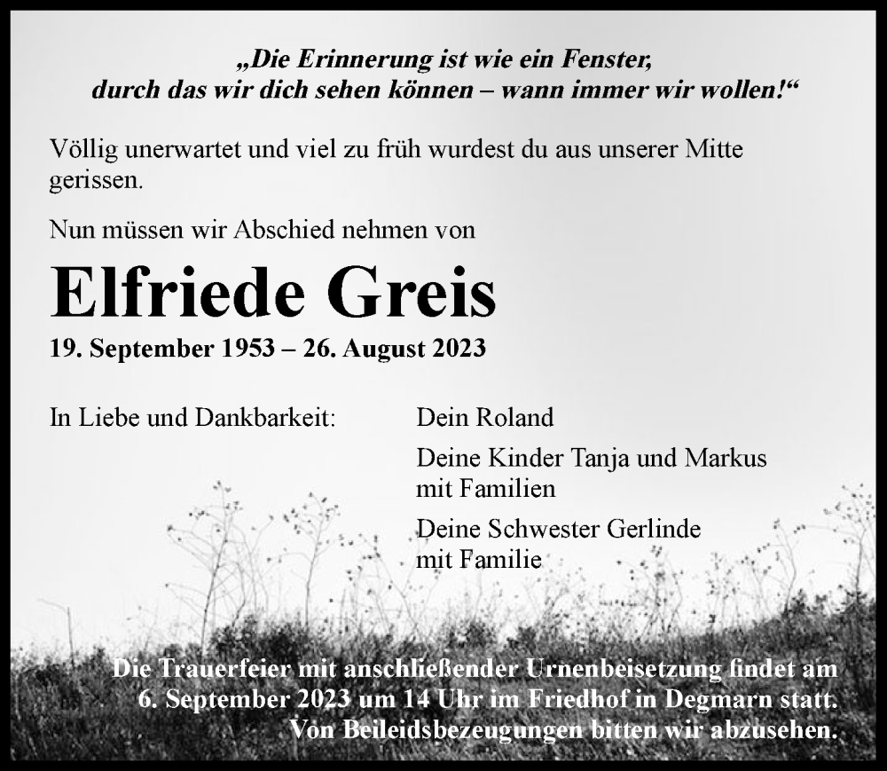  Traueranzeige für Elfriede Greis vom 02.09.2023 aus GESAMT