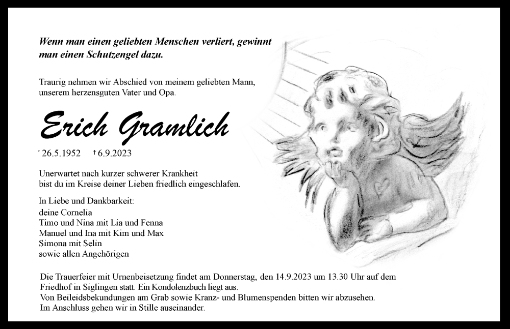  Traueranzeige für Erich Gramlich vom 09.09.2023 aus GESAMT
