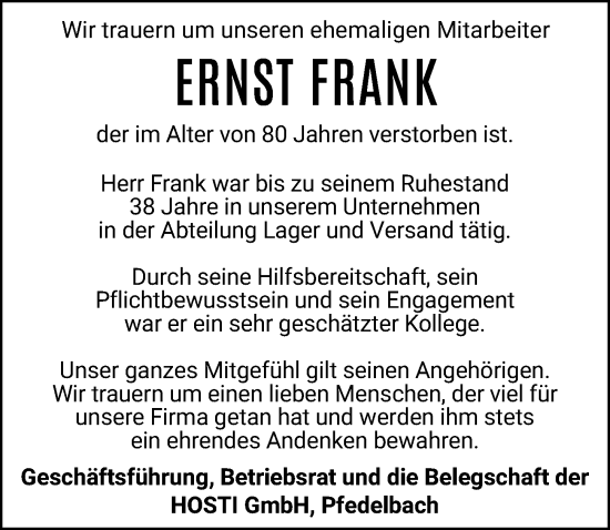 Traueranzeige von Ernst Frank von GESAMT