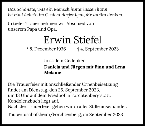 Traueranzeige von Erwin Stiefel von GESAMT