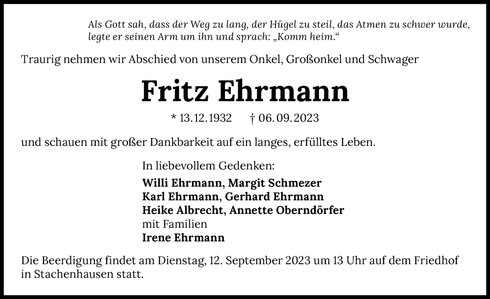  Traueranzeige für Fritz Ehrmann vom 09.09.2023 aus GESAMT