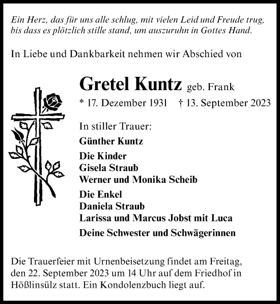 Traueranzeige von Gretel Kuntz von GESAMT