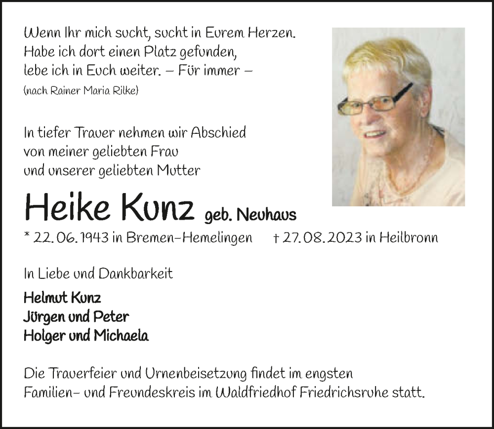  Traueranzeige für Heike Kunz vom 02.09.2023 aus GESAMT