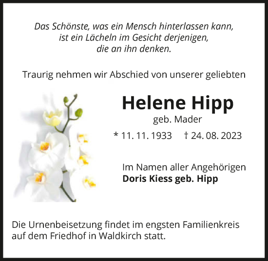 Traueranzeige von Helene Hipp von GESAMT