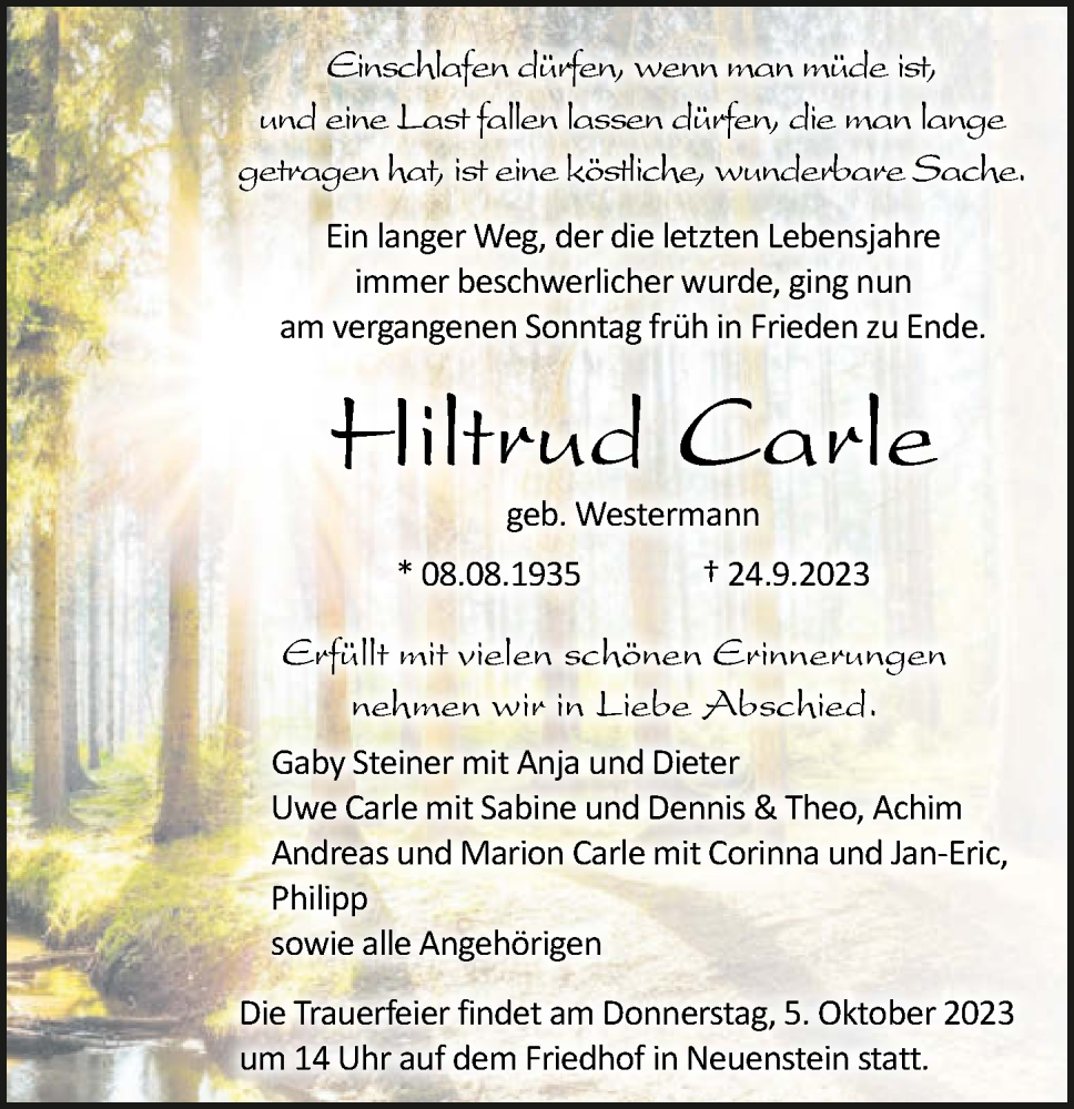  Traueranzeige für Hiltrud Carle vom 29.09.2023 aus GESAMT