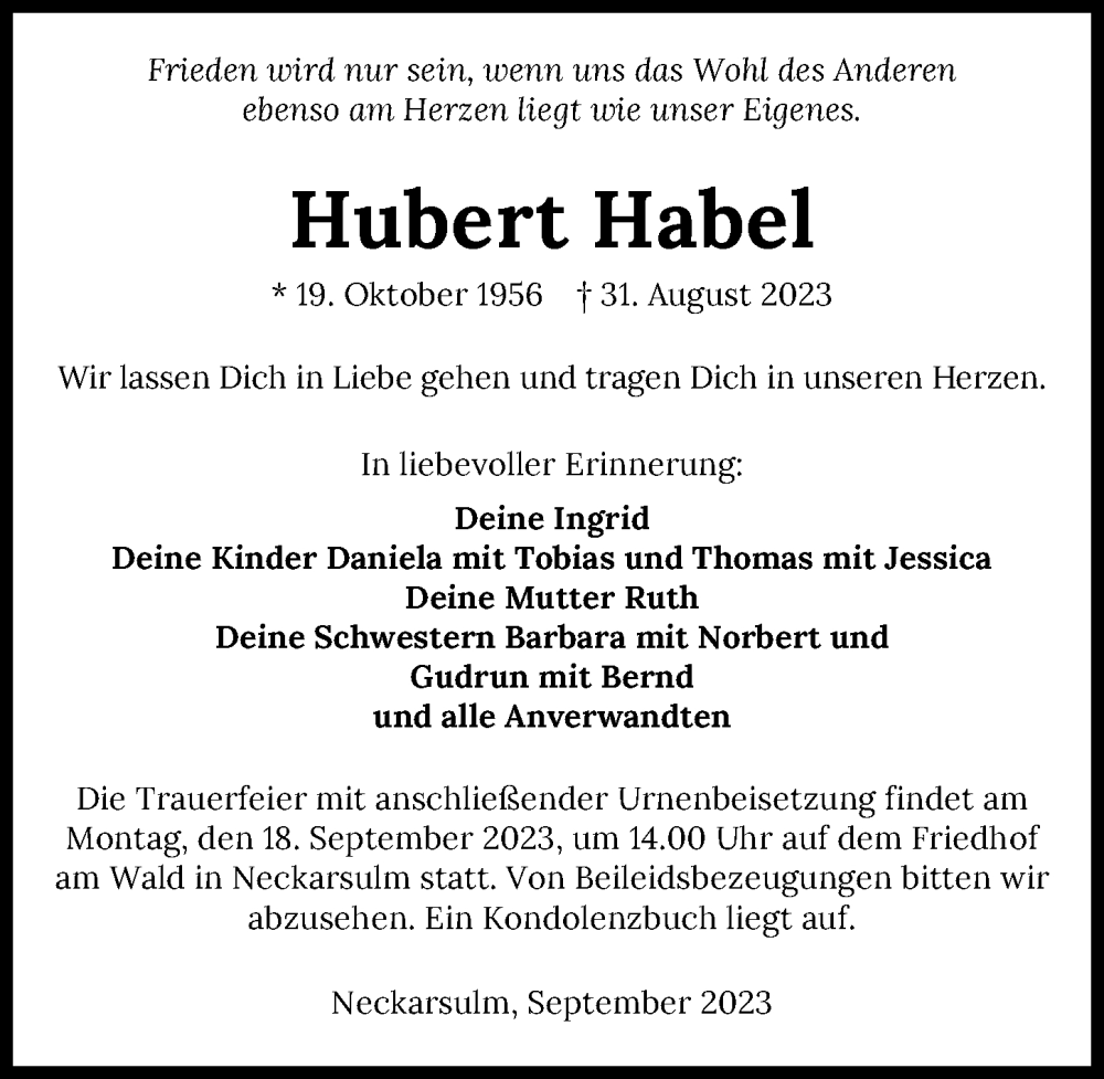  Traueranzeige für Hubert Habel vom 13.09.2023 aus GESAMT