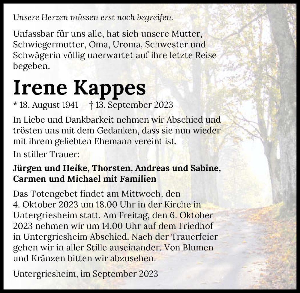  Traueranzeige für Irene Kappes vom 30.09.2023 aus GESAMT