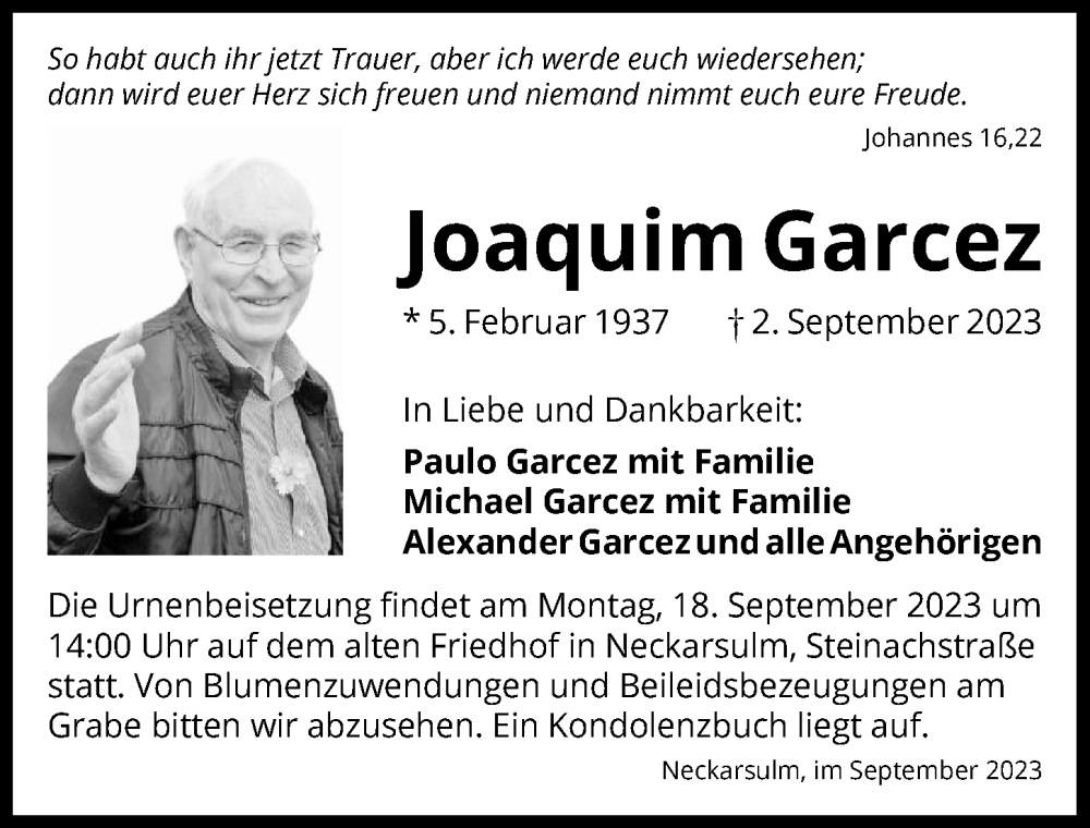  Traueranzeige für Joaquim Garcez vom 13.09.2023 aus GESAMT