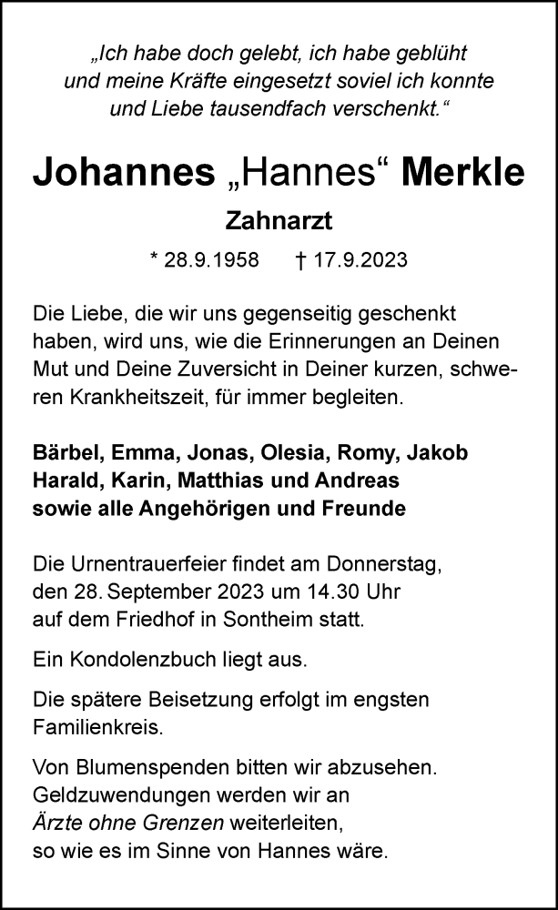  Traueranzeige für Johannes Merkle vom 23.09.2023 aus GESAMT