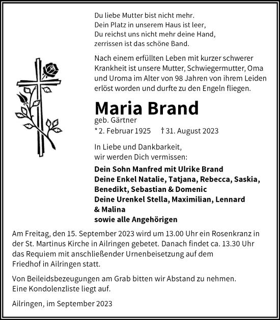 Traueranzeige von Maria Brand von GESAMT