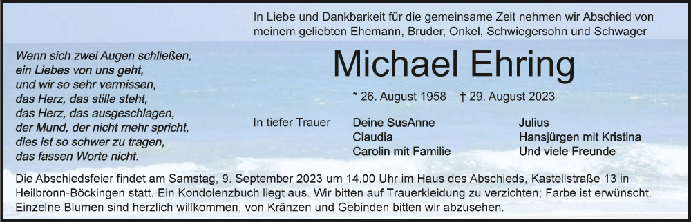  Traueranzeige für Michael Ehring vom 06.09.2023 aus GESAMT
