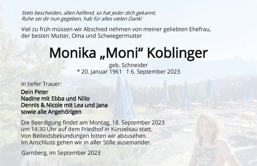  Traueranzeige für Monika Koblinger vom 13.09.2023 aus GESAMT