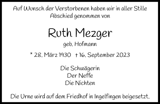 Traueranzeige von Ruth Mezger von GESAMT