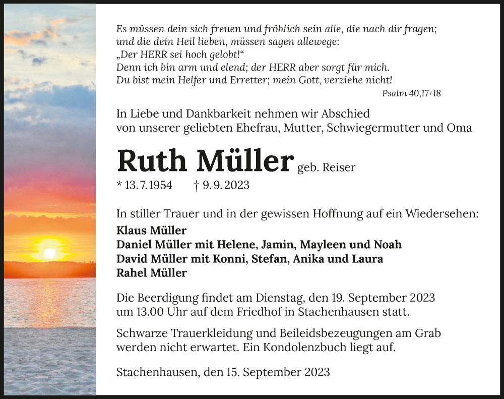  Traueranzeige für Ruth Müller vom 15.09.2023 aus GESAMT