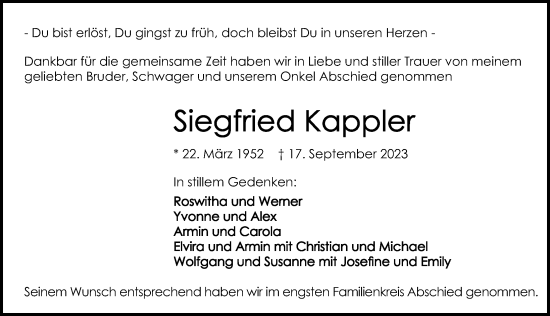 Traueranzeige von Siegfried Kappler