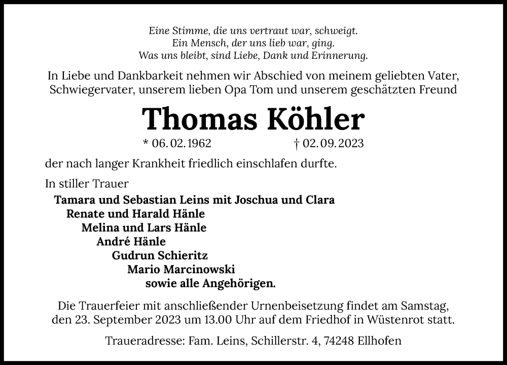 Traueranzeige für Thomas Köhler vom 20.09.2023 aus GESAMT