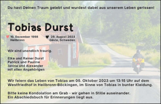 Traueranzeige von Tobias Durst von GESAMT