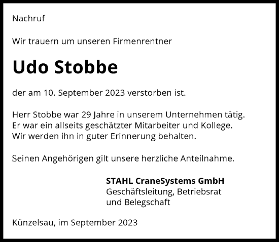 Traueranzeige von Udo Stobbe von GESAMT