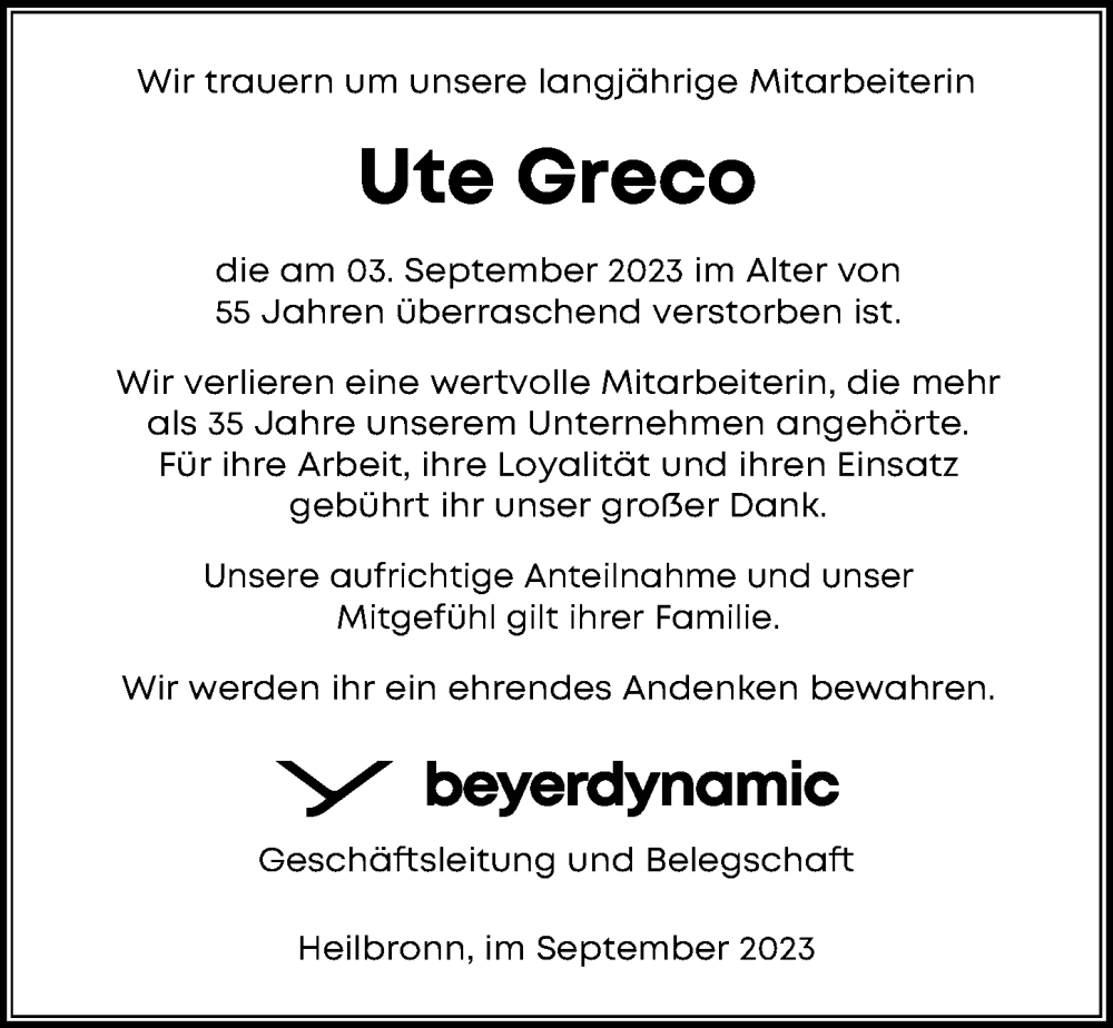  Traueranzeige für Ute Greco vom 13.09.2023 aus GESAMT