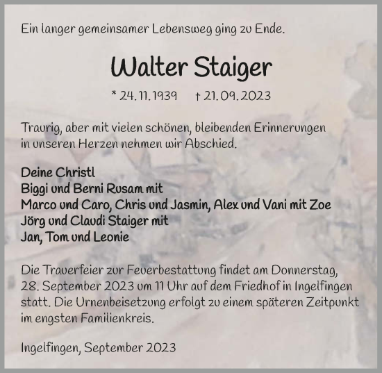 Traueranzeige von Walter Staiger von GESAMT