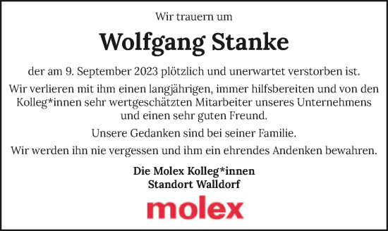 Traueranzeige von Wolfgang Stanke von GESAMT