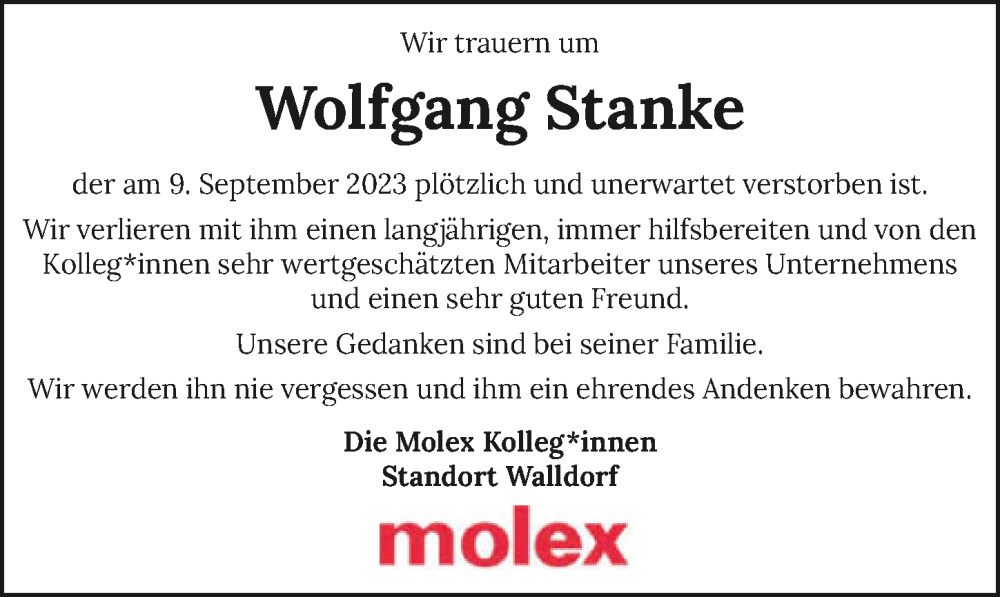  Traueranzeige für Wolfgang Stanke vom 23.09.2023 aus GESAMT