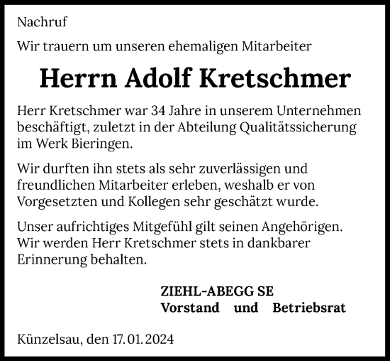 Traueranzeige von Adolf Kretschmer von GESAMT