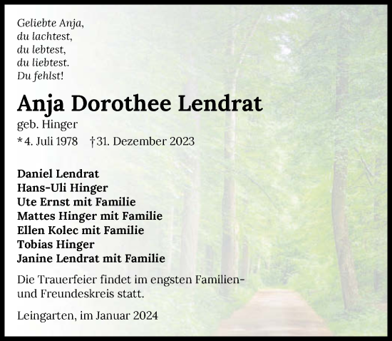 Traueranzeige von Anja Dorothee Lendrat von GESAMT