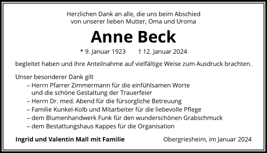 Traueranzeige von Anna Beck von GESAMT