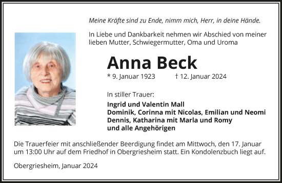 Traueranzeige von Anna Beck von GESAMT