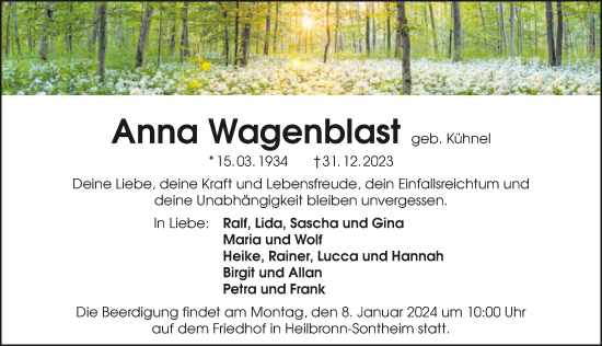 Traueranzeige von Anna Wagenblast von GESAMT