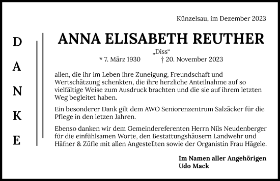 Traueranzeige von Anna Elisabeth Reuther von GESAMT