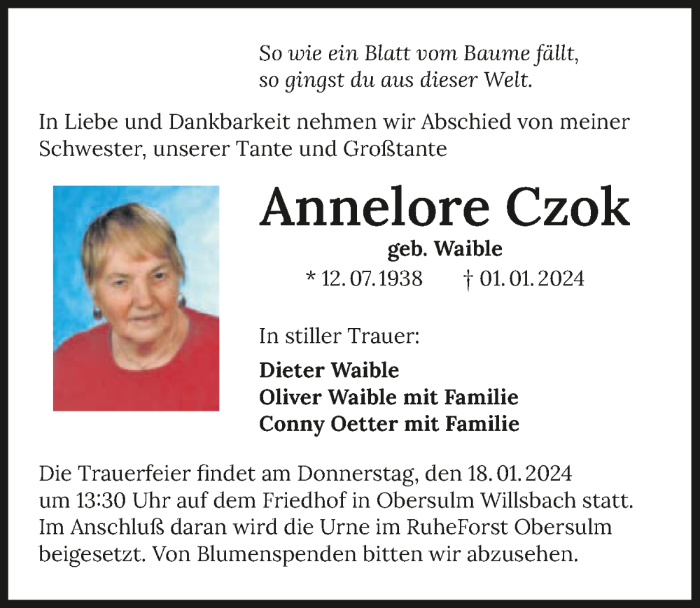  Traueranzeige für Annelore Czok vom 13.01.2024 aus GESAMT