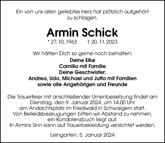 Traueranzeige von Armin Schick von GESAMT