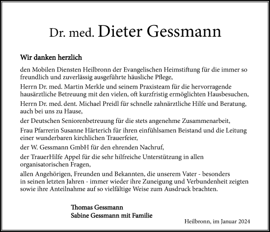 Traueranzeige von Dieter Gessmann