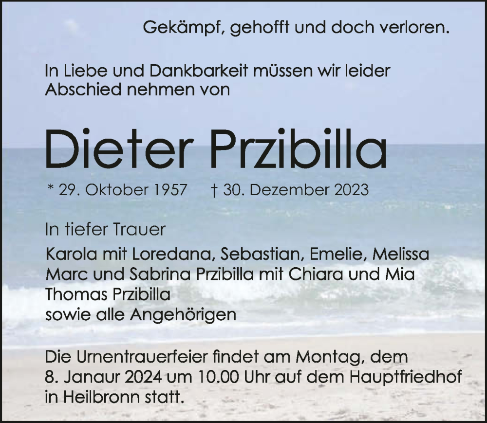  Traueranzeige für Dieter Przibilla vom 05.01.2024 aus GESAMT